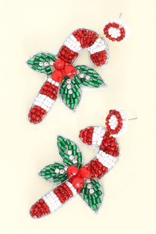 Mix Beaded Mistletoe Candy Cane Dangle Earrings