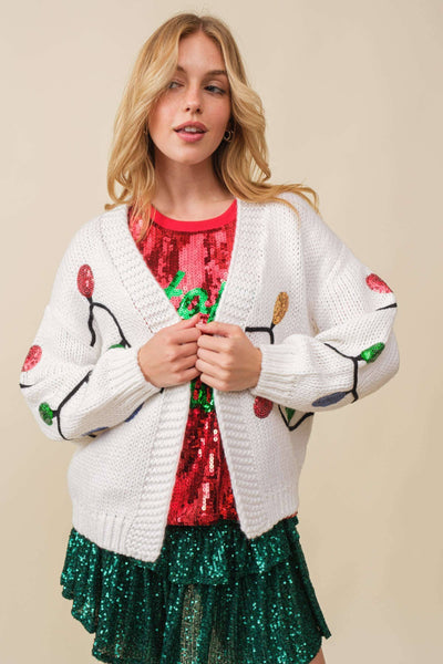 Main Strip - Christmas Sequin Light Cardigan: WHITE / M