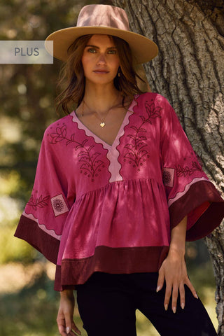 Oddi - Plus Color Block Airflow Oversized Peasant Blouse: Fuchsia Combo / Plus Size / 3XL