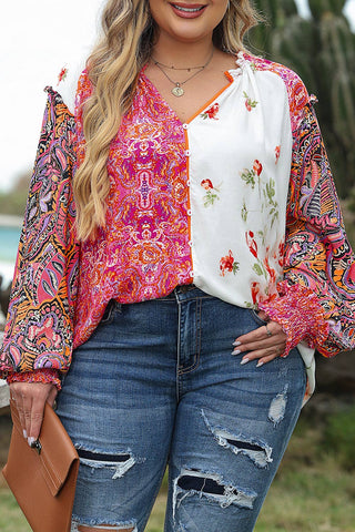 66DISCO - Floral Patchwork Shirred Cuff Buttoned V Neck Blouse (S-3X): Multi-Colored / Missy / S