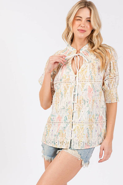 GeeGee Clothing - Natural Eyelet Lace Short Sleeve Blouse, OT50981: Yellow Multi / L