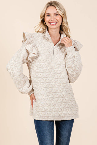 GeeGee Clothing - Quilted Half-Zip Pullover Top, MT50766: Cream / L