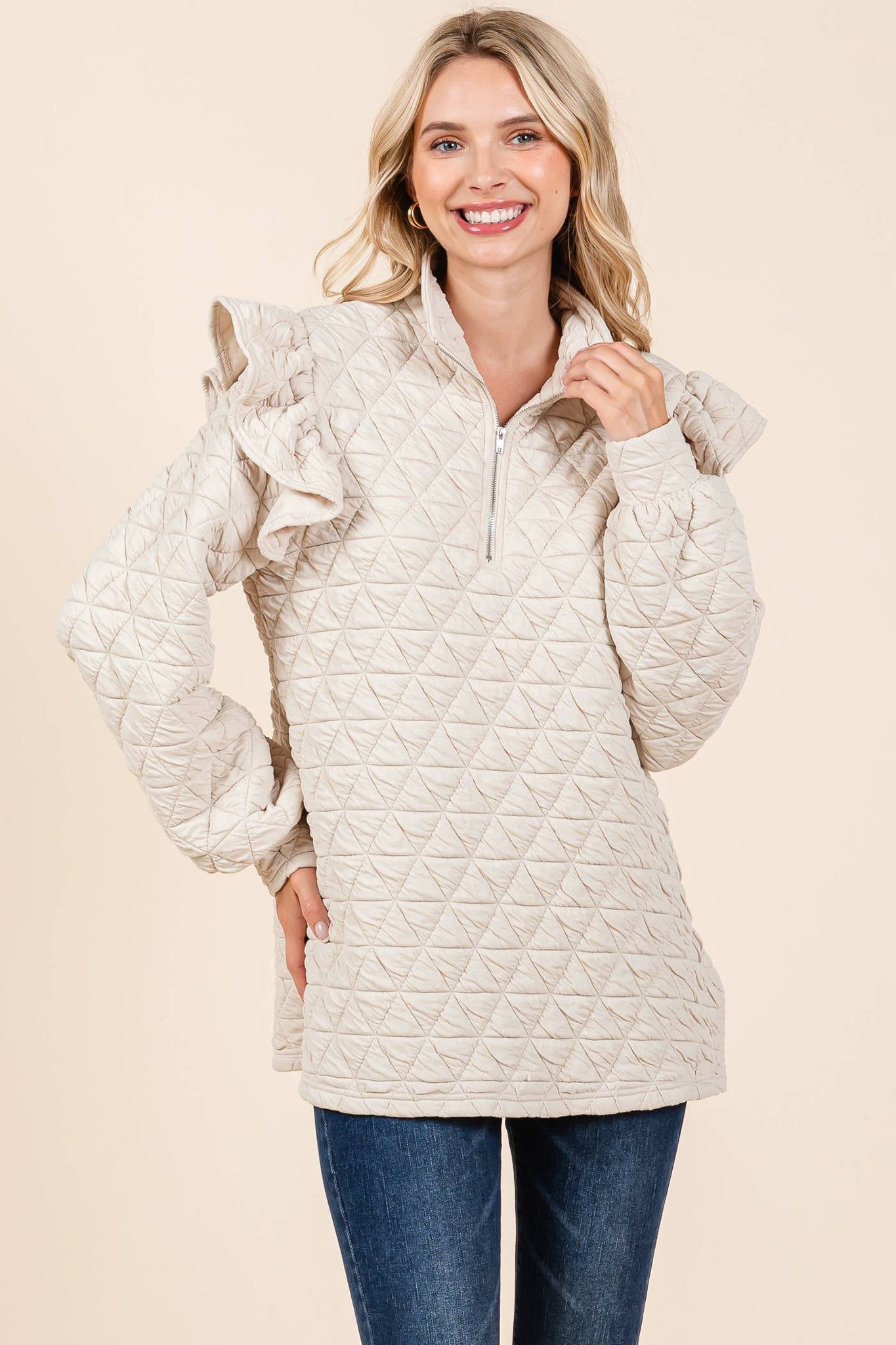 GeeGee Clothing - Quilted Half-Zip Pullover Top, MT50766: Cream / M