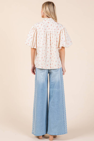 GeeGee Clothing - Plus Floral Eyelet Lace Button Up Blouse, MT51253PL: Cream/Coral / 2XL