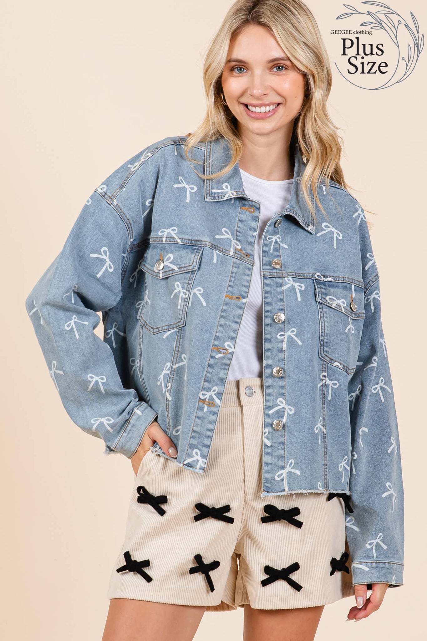 GeeGee Clothing - Plus Ribbon Print Denim Jacket, OJ50833PL: Denim / 1XL