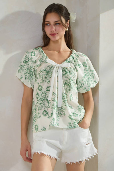 Oddi - Floral Printed Romantic Blouse: Green Multi / L