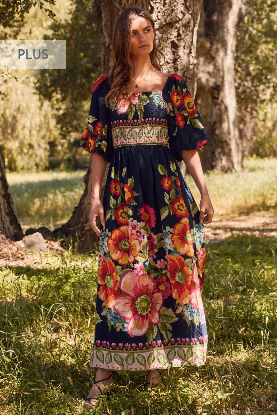 Oddi - Plus Giant Floral Border Printed Maxi Dress: Navy Multi / 2XL