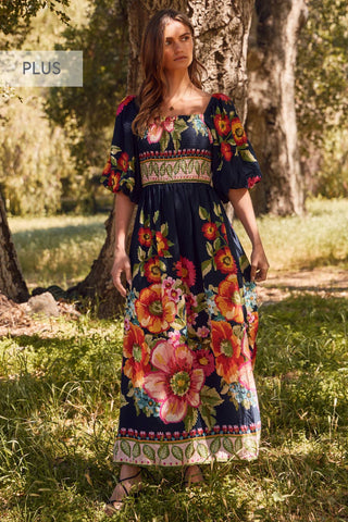 Oddi - Plus Giant Floral Border Printed Maxi Dress: Navy Multi / 2XL