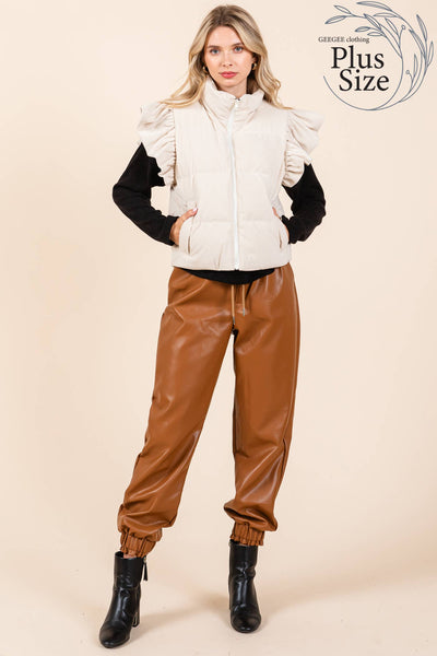 GeeGee Clothing - Plus Corduroy Ruffled Sleeve Puffer Vest, MJ50697PL: Cream / 1XL