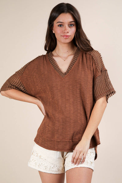 VERY J - NT12088-Oversized Contrast Knit Comfy Casual Top: IVORY / S-M-L/2-2-2