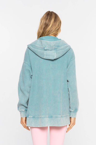 Mono B - Waffle Knit Mineral-Washed Cardigan: BLACK / S:M:L (2:2:2)