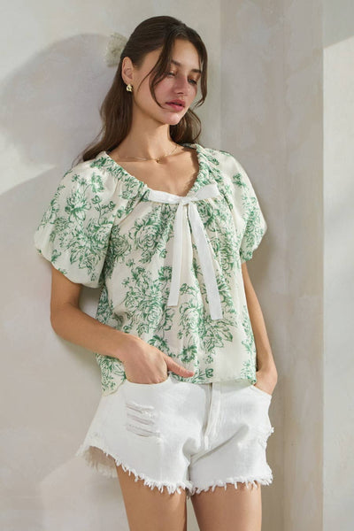 Oddi - Plus Floral Printed Romantic Blouse: Green Multi / XL