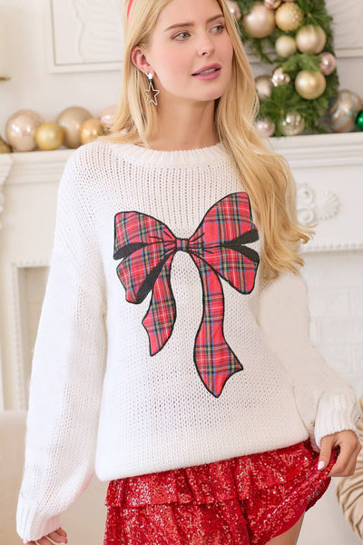 Main Strip - Christmas Sweater With Plaid Ribbon Bow Patch: HUNTER GREEN / M