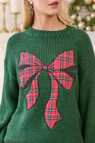 Main Strip - Christmas Sweater With Plaid Ribbon Bow Patch: HUNTER GREEN / M