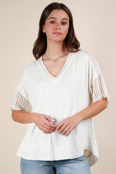 VERY J - NT12088-Oversized Contrast Knit Comfy Casual Top: IVORY / S-M-L/2-2-2