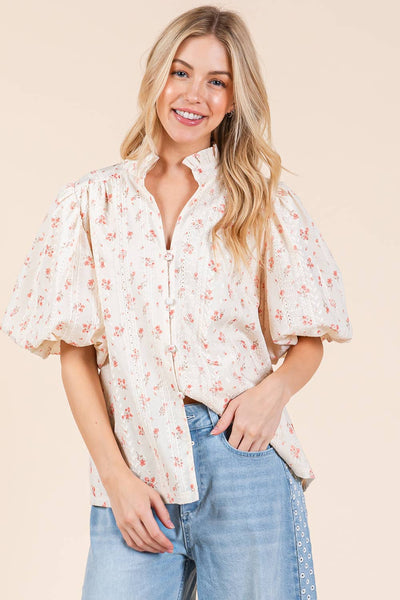 GeeGee Clothing - Plus Floral Eyelet Lace Button Up Blouse, MT51253PL: Cream/Coral / 1XL
