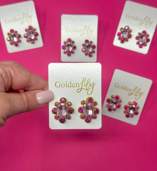 Golden Lily - Fall Statement Stud Earrings - Dark Pink and Light Pink