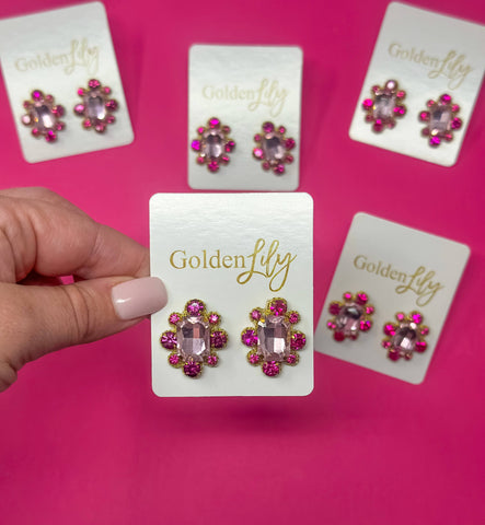 Golden Lily - Fall Statement Stud Earrings - Dark Pink and Light Pink