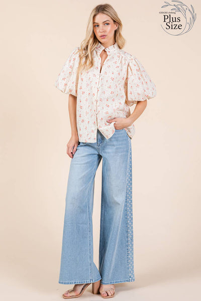 GeeGee Clothing - Plus Floral Eyelet Lace Button Up Blouse, MT51253PL: Cream/Coral / 3XL