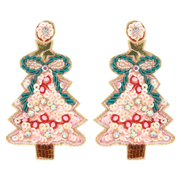 Sophia Collection - Christmas Tree Sequins Embroidered Earrings : Green