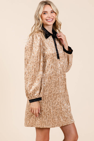 GeeGee Clothing - Velvet Lace Textured Mini Dress, MD51030: Taupe / M