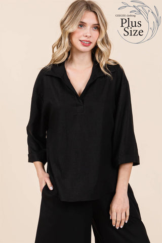 GeeGee Clothing - Plus Sheer Linen Loose Fit Shirt: WT61330PL: Black / 1XL