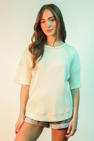 VERY J - NT12086-Mineral Washed Oversized Ribbed Knit Casual Top: BLACK / S-M-L/2-2-2