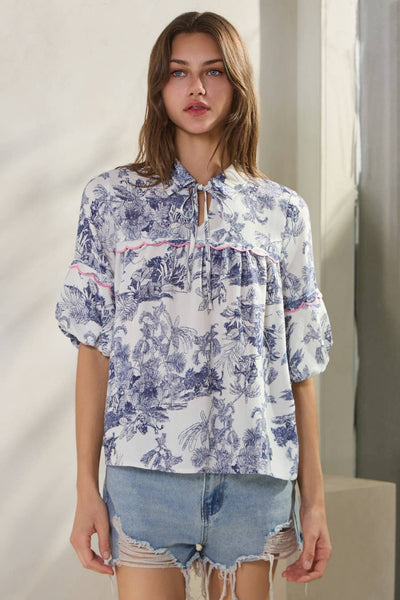 Oddi - Plus Toi De Paris Printed Blouse: Blue Multi / XL