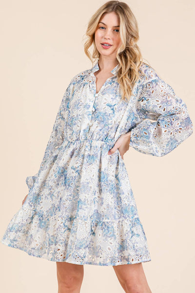GeeGee Clothing - Floral Eyelet Lace Mini Shirt Dress, OD50845: Blue Multi / L