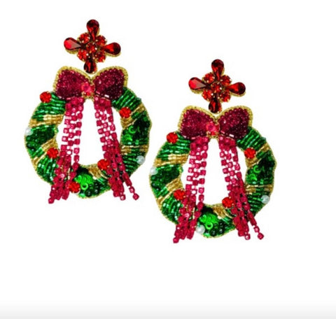 Golden Lily - Christmas Wreath with Bow Earrings - Red
