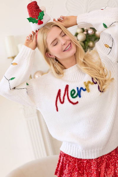 Main Strip - Merry Sweater Sequined Christmas Light Sleeves: WHITE / L