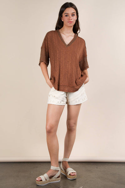 VERY J - NT12088-Oversized Contrast Knit Comfy Casual Top: IVORY / S-M-L/2-2-2