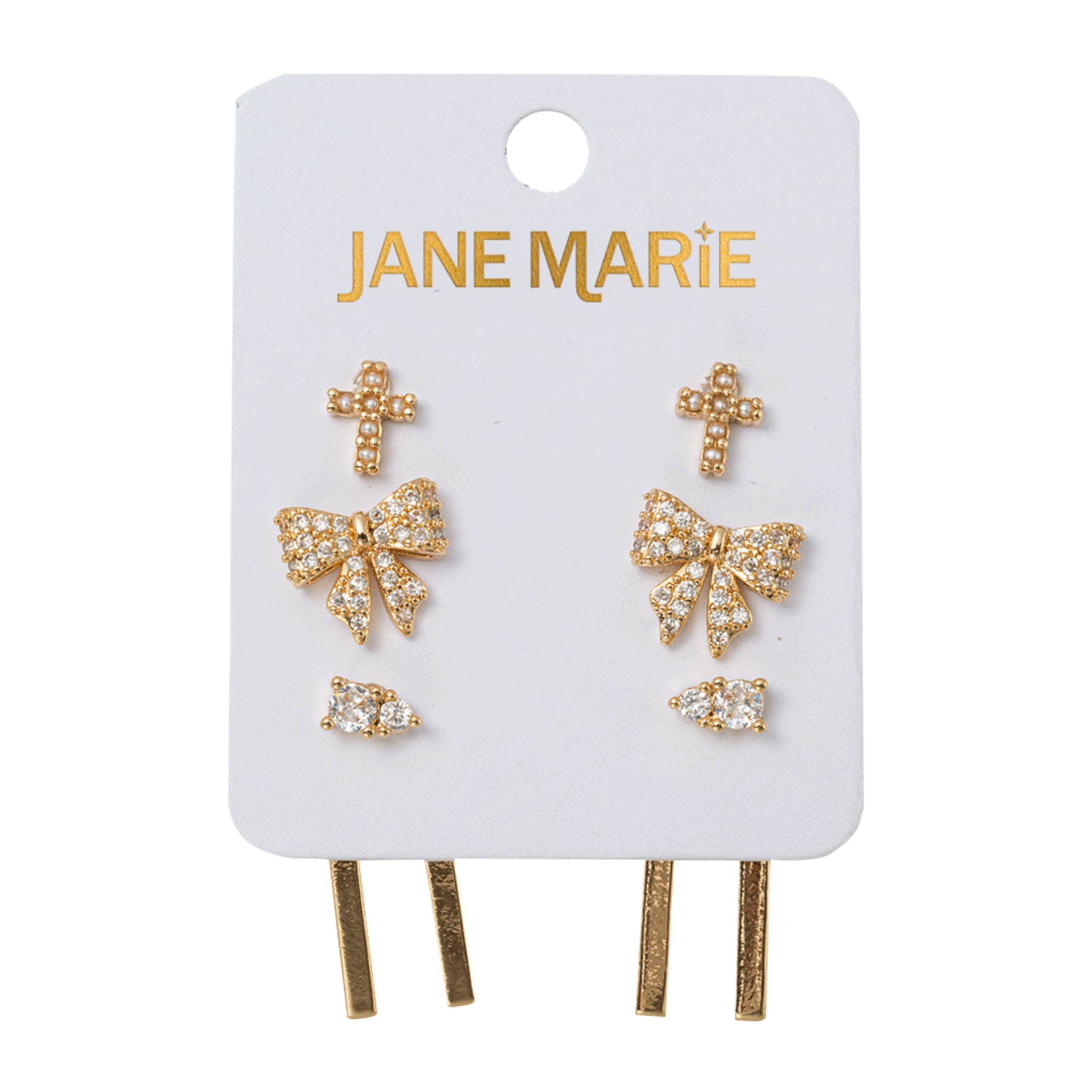Jane Marie - Set of 3 Earrings Cross, Bow, Crystal & Double Bar Jacket