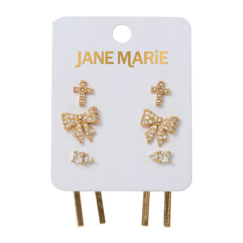 Jane Marie - Set of 3 Earrings Cross, Bow, Crystal & Double Bar Jacket