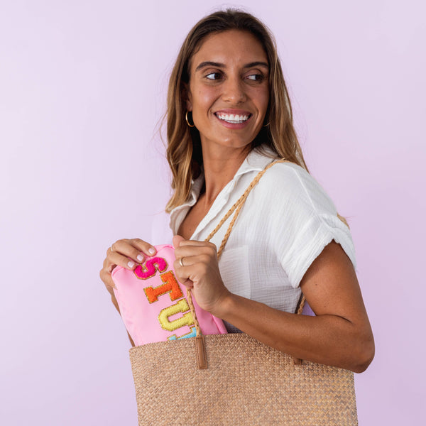 Natalia - Preppy Nylon Chenille Letter Travel Makeup Pouch - STUFF