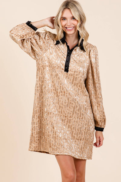 GeeGee Clothing - Velvet Lace Textured Mini Dress, MD51030: Taupe / S