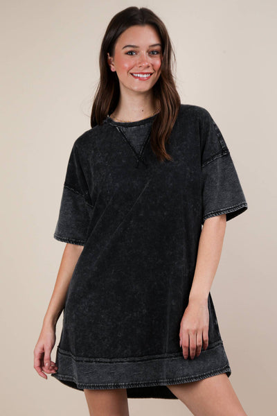 VERY J - ND31645-Mineral Washed Comfy Casual Knit Mini Dress: BLACK / S-M-L/2-2-2
