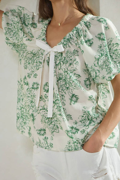 Oddi - Floral Printed Romantic Blouse: Green Multi / L