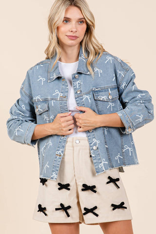 GeeGee Clothing - Ribbon Print Denim Jacket, OJ50833: Denim / M