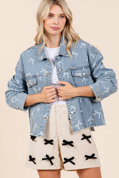 GeeGee Clothing - Ribbon Print Denim Jacket, OJ50833: Denim / S