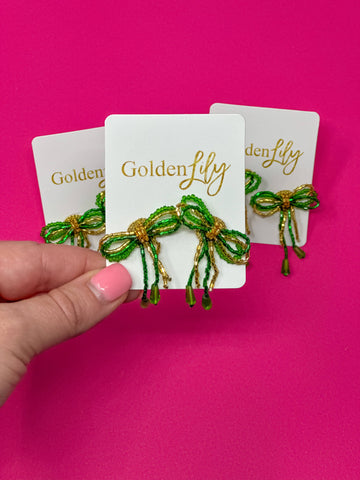 Golden Lily - Mini Bow Earrings - Green and Gold