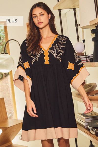 Oddi - Plus Embroidered Plunge V Neck Mini Dress: Burgundy Combo / XL