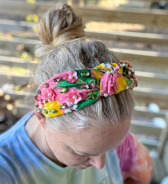 OBX Prep - Julie Lemon Floral Pearls Resort Wear Spring Beaded Headband
