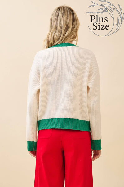 GeeGee x Lovelo - Plus 'Merry & Bright' Knit Sweater CT52384PL: Cream/Green / 1XL