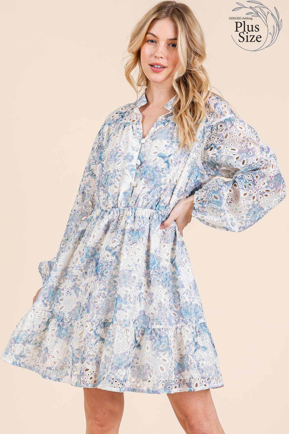 GeeGee Clothing - Plus Floral Eyelet Lace Mini Shirt Dress, OD50845PL: Blue Multi / 1XL