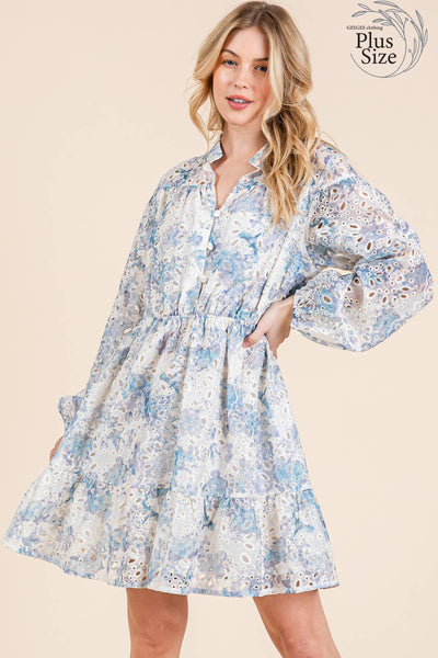 GeeGee Clothing - Plus Floral Eyelet Lace Mini Shirt Dress, OD50845PL: Blue Multi / 1XL
