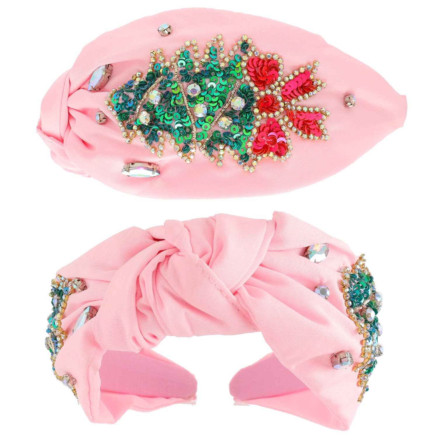 Sophia Collection - Christmas Tree Jeweled Top Knotted Headband : Pink