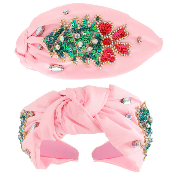 Sophia Collection - Christmas Tree Jeweled Top Knotted Headband : White