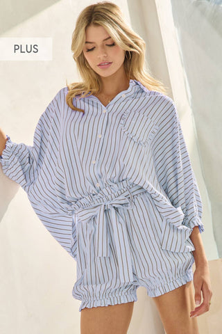 Oddi - Plus Striped Button Down Oversized Shirts: Blue Stripe / 2XL