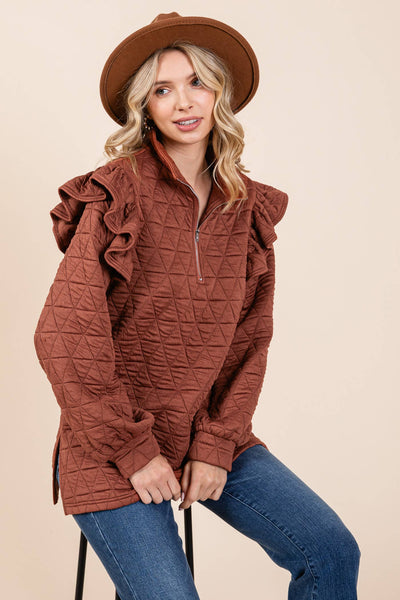 GeeGee Clothing - Quilted Half-Zip Pullover Top, MT50766: Cream / M